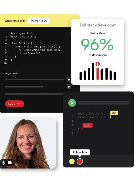 Screenshots of CoderPad's user interface for interviewing technical candidates