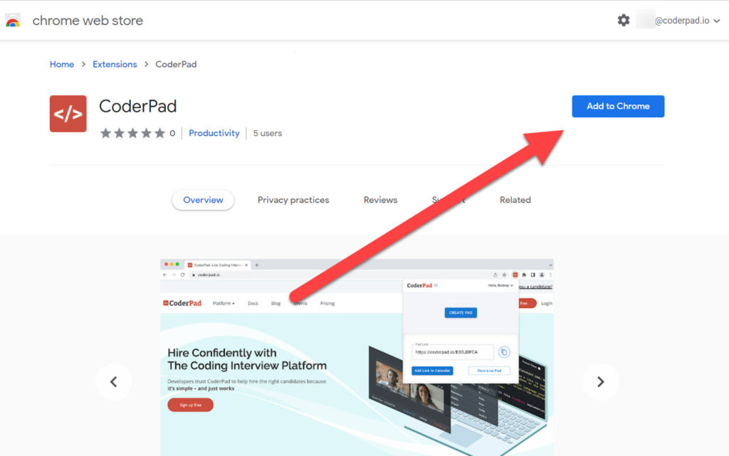 An arrow pointing to the "add to chrome" button at the top left of the coderpad extension in the chrome web store.