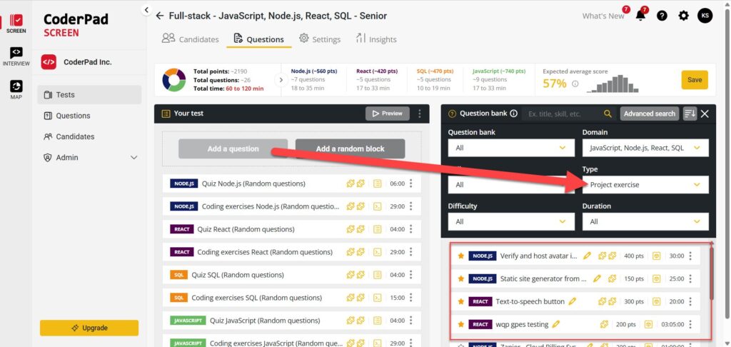 Screenshot of the CoderPad Screen test creation interface for a Full-stack (JavaScript, Node.js, React, SQL) senior assessment. The 'Questions' tab is selected. On the right, the advanced search filter is open with 'Type' set to 'Project exercise.' A large red arrow points to this filter option. Below, the question list shows project exercises such as 'Verify and host avatar,' 'Static site generator from…,' 'Text-to-speech button,' and 'wqp gpes testing,' with associated points and time durations.