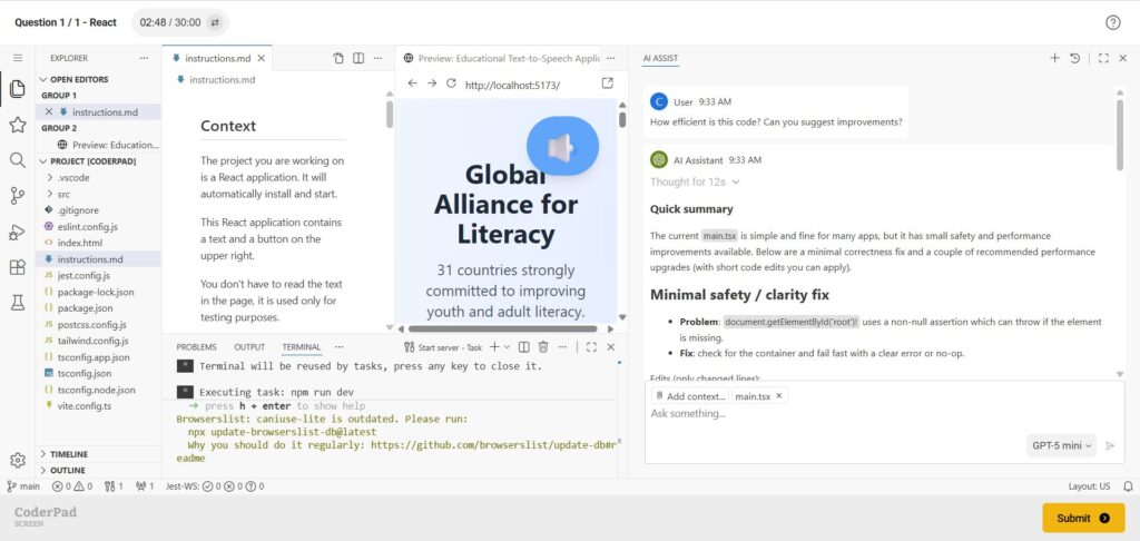 Screenshot of a CoderPad coding environment showing a React project. The screen is split into three main panels: a file explorer and instructions on the left, a live preview of a webpage titled “Global Alliance for Literacy” with a speaker icon in the center, and an AI assistant chat on the right discussing code efficiency improvements. A terminal at the bottom shows a development server running.