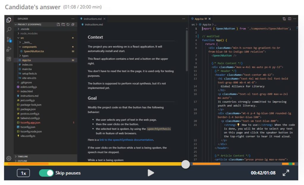 Screenshot of a coding assessment environment in Visual Studio Code. The left panel shows the project explorer with files such as App.tsx, SpeechButton.tsx, and instructions.md. The center panel displays instructions.md with context and goal text explaining that a React button should use the browser’s speechSynthesis feature to read selected text aloud. The right panel shows the App.tsx file with React JSX code importing SpeechButton and rendering a header and content. A playback control bar at the bottom shows candidate’s answer recording at 1 minute 8 seconds of 20 minutes, with the play/pause controls visible