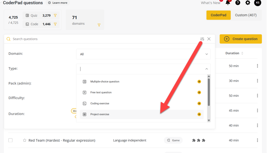 Screenshot of the CoderPad questions dashboard showing filters for searching questions. The 'Type' filter dropdown is expanded, displaying options: Multiple-choice question, Free text question, Coding exercise, and Project exercise. A large red arrow points to the 'Project exercise' option