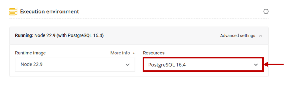 Screenshot of the “Execution environment” settings in CoderPad showing a running environment with Node 22.9 and PostgreSQL 16.4. The “Resources” dropdown is highlighted, indicating PostgreSQL 16.4 is selected.