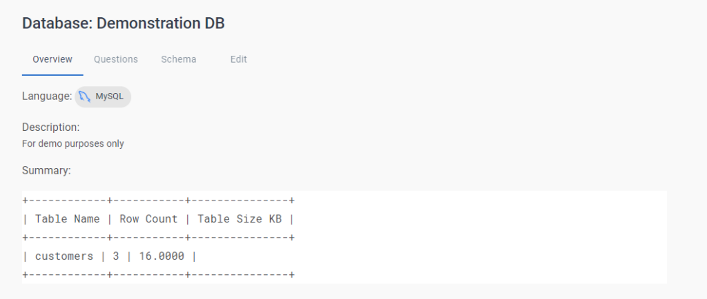 The database verification screen. There is a database summary as well as a table schema to view.