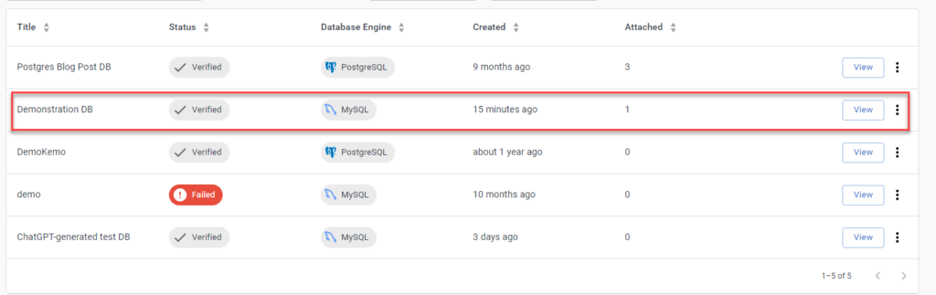 The new database is shown in the databases list in the dashboard.