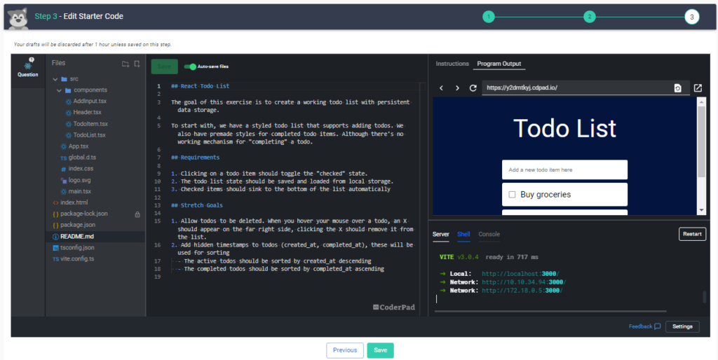 The question preview screen with a React question displayed.