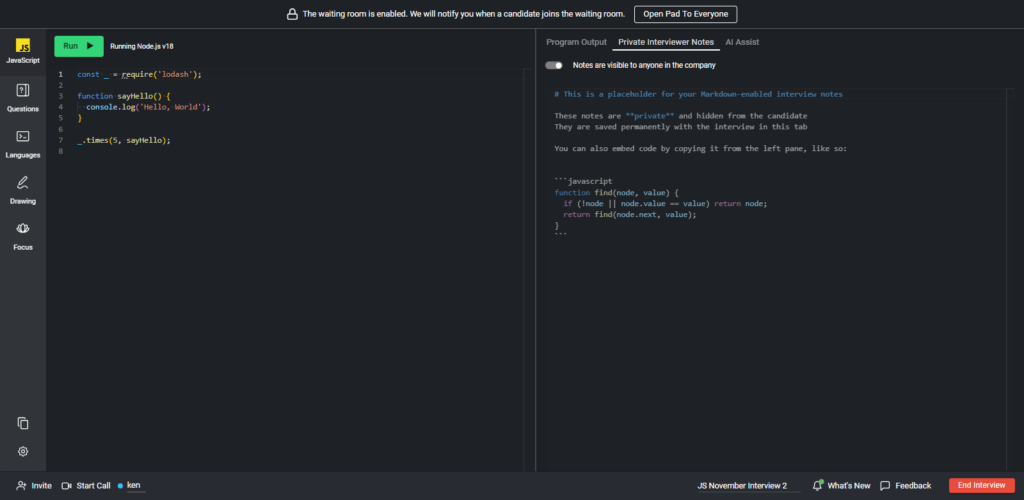 A pad is shown with the "hello world" example in the code editor in the left window.  