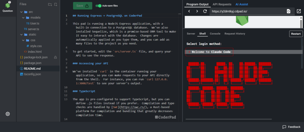 Screenshot of a CoderPad interface showing a code editor on the left and a terminal output on the right. The editor displays files and directories, including "src," "models," and "static," with files like "User.ts" and "server.ts." The main text describes running a NodeJS Express app with PostgreSQL. The terminal shows a "Welcome to Claude Code" message in ASCII art, with a URL bar and options for server, shell, and console outputs.