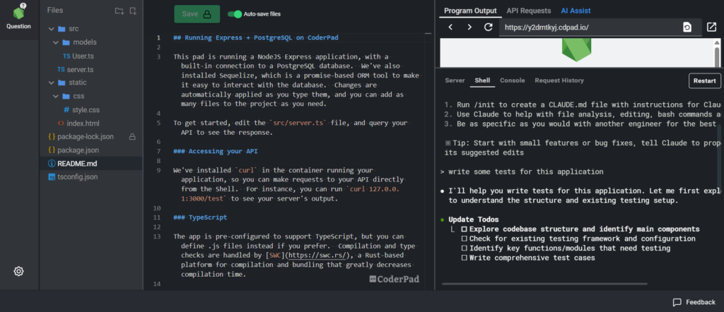A split-screen view of a coding environment in CoderPad. On the left, a file explorer shows directories like "src" with files such as "User.ts" and "server.ts", "static" with "style.css", and other files like "index.html", "package.json", and "README.md". In the center, a text editor displays instructions for running an Express application with PostgreSQL and using curl for API access, with TypeScript support. On the right, the program output section shows shell instructions and a list of testing update todos.