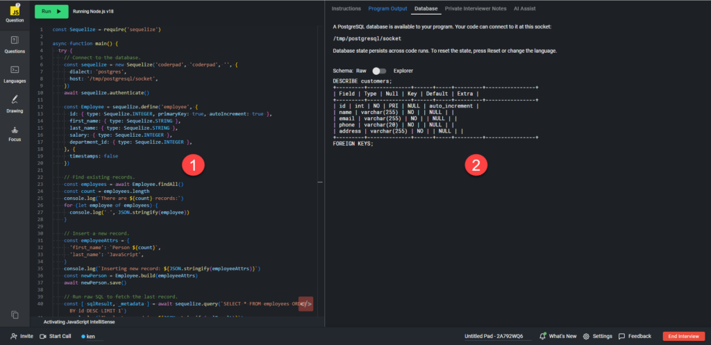 On the left side the stub code for the database adaptor is shown, and on the right the database schema is shown under the database tab.