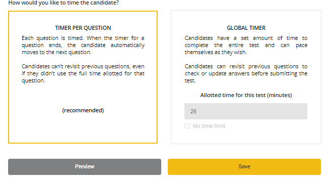 How would you like to time the candidate? Timer per question (recommended) option and global timer option are displayed with the timer per question box highlighted.