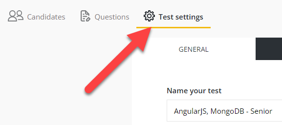 Screenshot of the Screen dashboard with an arrow pointing towards test settings.
