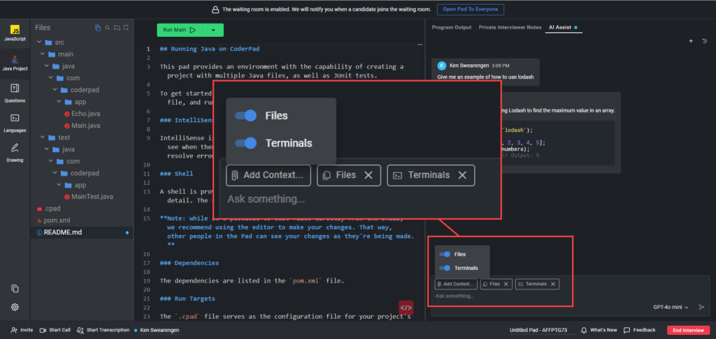 Screenshot of the CoderPad interface showing a Java project open in the editor. The file tree on the left displays folders for src, test, and files like pom.xml and README.md. The central editor contains a README file with setup instructions for running Java on CoderPad. A highlighted overlay in the middle zooms in on the AI Assist context panel, showing toggles for “Files” and “Terminals.” The right sidebar includes chat messages and AI Assist responses, with the top indicating that the waiting room is enabled and an “Open Pad To Everyone” button is visible.