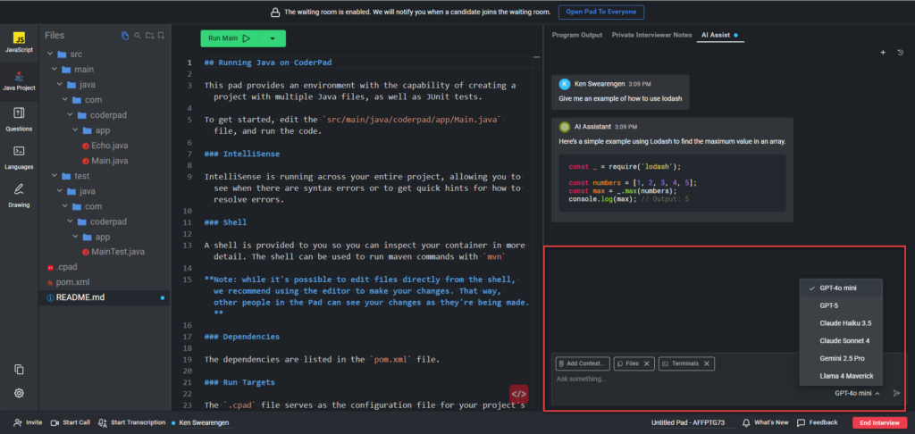 Screenshot of the CoderPad interface showing a Java project open in the editor. The file tree on the left displays folders for src, test, and files like pom.xml and README.md. The main editor is open to the README.md file with setup instructions for running Java on CoderPad. On the right, the AI Assist panel shows a chat between Ken Swearengen and the AI Assistant discussing an example of using Lodash in JavaScript. At the bottom right, a red-outlined area highlights the AI Assist input box with “Add Context,” “Files,” and “Terminals” buttons, along with a dropdown menu showing model options — including GPT-4o mini (selected), GPT-5, Claude Haiku 3.5, Claude Sonnet 4, Gemini 2.5 Pro, and Llama 4 Maverick.