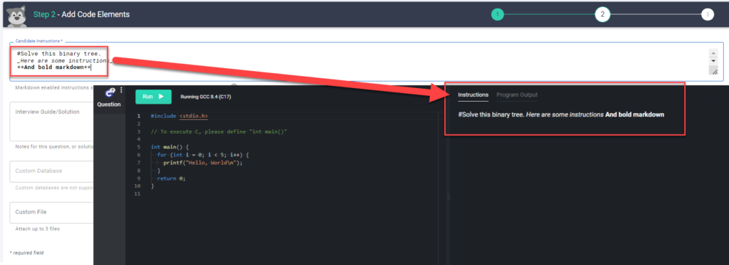 The "Add code elements screen" is shown in the background with the "candidate instructions" section highlighted. In the foreground is an open pad with the same instructions highlighted on the right side of the pad. 