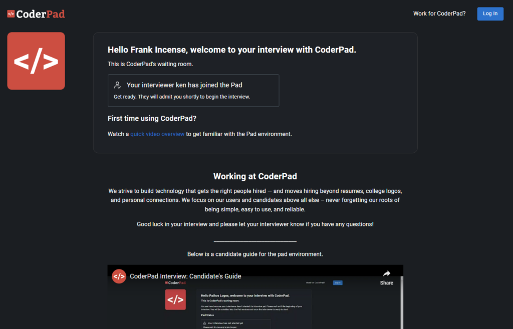 The waiting room screen which welcomes the candidate with a message, identifies the page as a waiting room, and gives the pad status as well as a video guide for using coderpad.