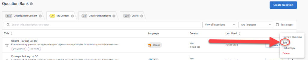 A question bank row is shown the the question options dropdown shown: preview question, edit, edit a copy, and delete. 