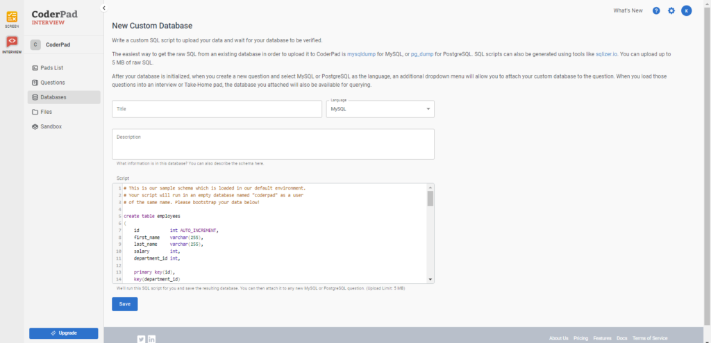 The new custom database window. There are fields for title, language, and description.