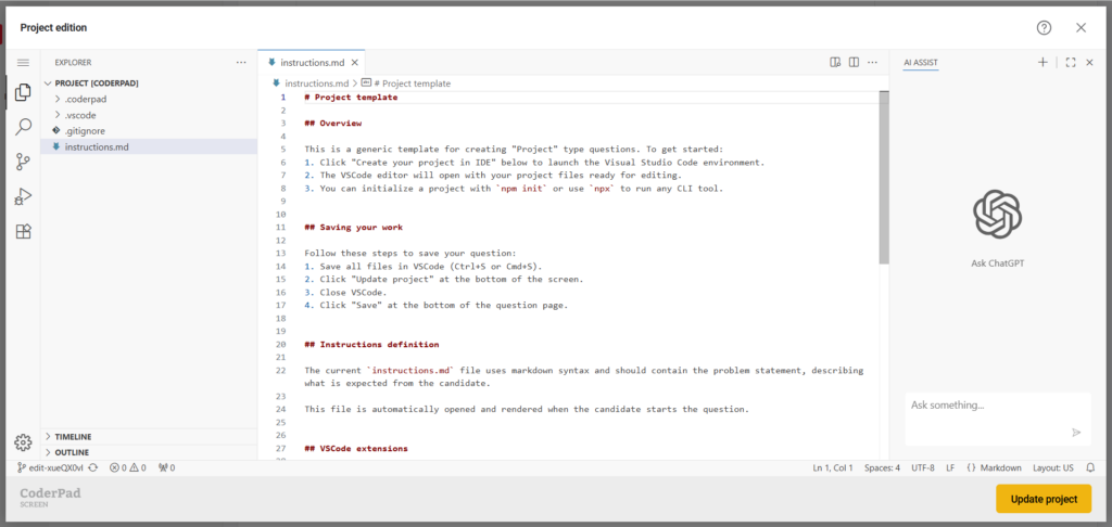 Screenshot of the CoderPad Screen 'Project edition' interface. The left sidebar shows a project folder named 'PROJECT [CODERPAD]' containing files: .coderpad, .vscode, .gitignore, and instructions.md (selected). The main editor displays the instructions.md file with markdown text explaining how to use the project template, save work, and define instructions. A right-hand panel labeled 'AI Assist' shows the ChatGPT logo with a prompt field. At the bottom right, a yellow button labeled 'Update project' is visible