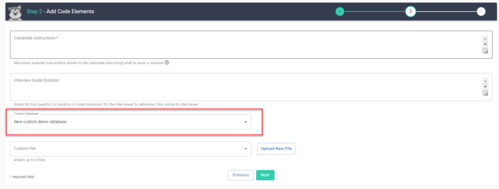 The "add code elements" page with the "Custom databases" dropdown menu highlighted. 