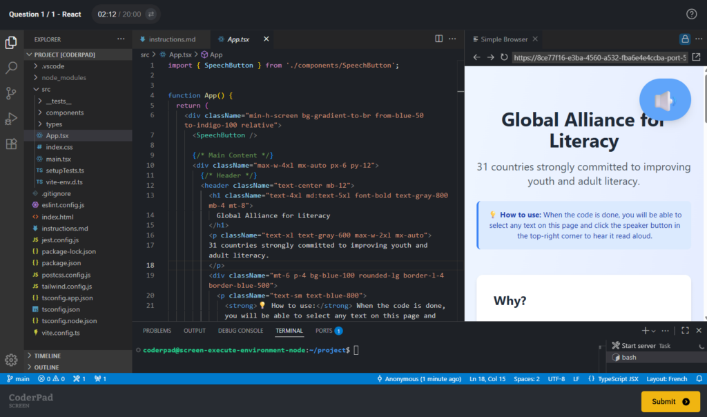 Screenshot of the CoderPad Screen IDE during a React project exercise. The left sidebar shows the project structure under 'PROJECT [CODERPAD]' with folders (.vscode, node_modules, src) and files including index.html, instructions.md, config files, and package.json. The main editor displays instructions.md, which describes the project: a React app with a text and button for testing speech synthesis. The right side shows the Simple Browser preview with a page titled 'Global Alliance for Literacy' and a speaker button. At the bottom, the terminal shows npm run dev output with Vite server running on port 5173. A notification suggests installing the Jest extension. The bottom right corner has a yellow 'Submit' button.