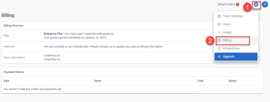 The Interview dashboard is shown with the #1 next to the settings icon and the #2 next to the billing men item.