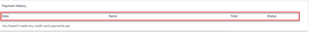 Payment history section shown with the date, items, total, and status columns shown.