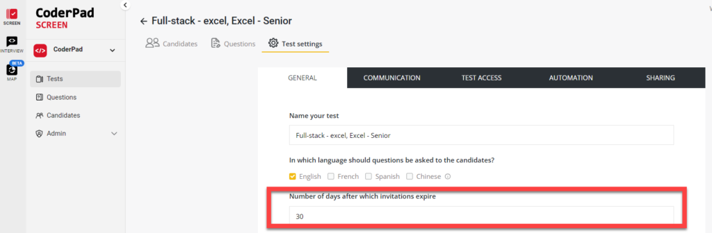 The image shows a screenshot from the CoderPad platform, specifically within the "Test settings" section for a test titled **"Full-stack - excel, Excel - Senior"**. Here’s the alt text for this image:
"CoderPad SCREEN interface showing the Test settings for a test named 'Full-stack - excel, Excel - Senior'. The 'Number of days after which invitations expire' field is highlighted and set to '30'. The test is configured to ask questions in English, with options for French, Spanish, and Chinese available but not selected. The left sidebar includes navigation options for Tests, Questions, Candidates, and Admin."