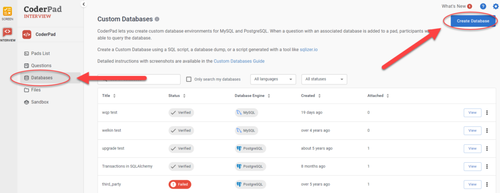 Custom database page. The "Databases" item is selected in the left nav, and the "create database" button is highlighted at the top right of the scren.