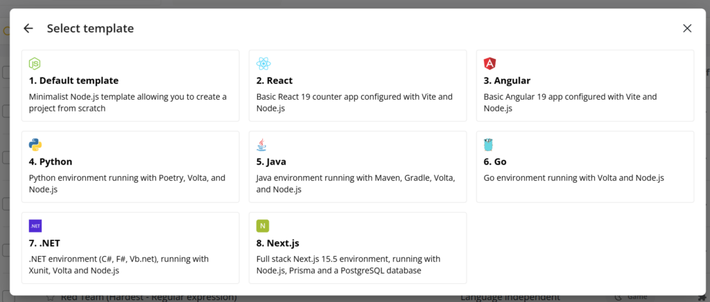 Screenshot of the 'Select template' screen in CoderPad. Eight template options are displayed in a grid:

Default template – Minimalist Node.js template.

React – Basic React 19 counter app with Vite and Node.js.

Angular – Basic Angular 19 app with Vite and Node.js.

Python – Environment with Poetry, Volta, and Node.js.

Java – Environment with Maven, Gradle, Volta, and Node.js.

Go – Environment with Volta and Node.js.

.NET – Environment (C#, F#, Vb.net) with Xunit, Volta, and Node.js.

Next.js – Full stack Next.js 15.5 with Node.js, Prisma, and PostgreSQL.