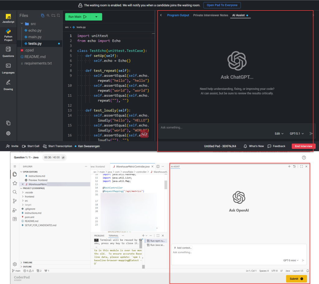 **Alt text:**
Screenshot of the CoderPad interview environment showing a coding workspace with a file explorer, Python test file open in the editor, and an “AI Assist” panel on the right labeled “Ask ChatGPT.” A second screenshot below shows a similar coding interface with a Java file open and an “AI Assist” panel labeled “Ask OpenAI.” Both AI panels are highlighted with red boxes to emphasize the assistant interface within the coding environment.
