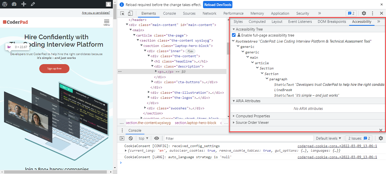 An image Chrome dev tools screen with the accessibility tree juxtaposed with the regular domain object model in the middle and the website itself on the far left.